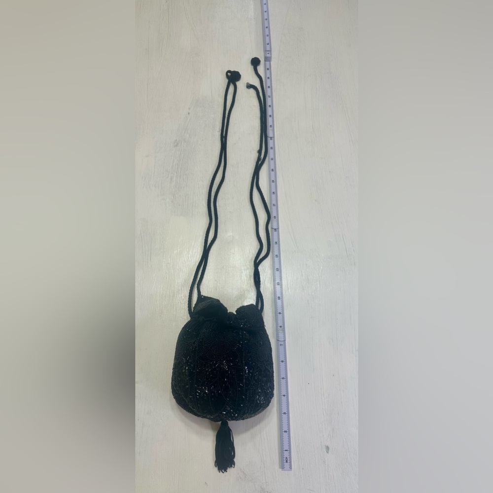 Vintage Black Glass Beaded Evening Purse Floral Drawstring Tassel Cocktail Bag - Picture 15 of 15